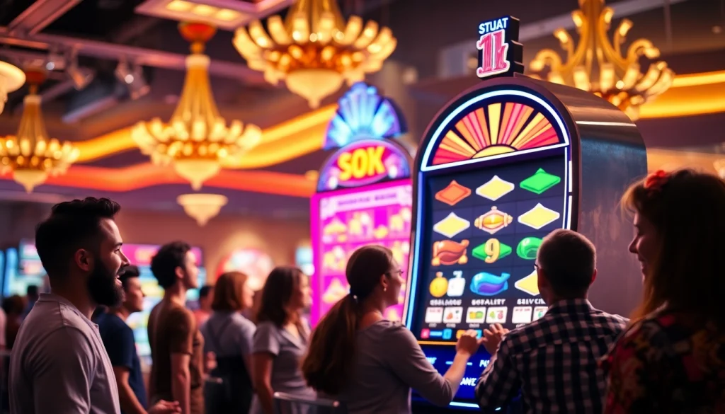 Pemain merayakan kemenangan pada slot yang berwarna-warni di kasino.