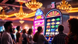 Pemain merayakan kemenangan pada slot yang berwarna-warni di kasino.