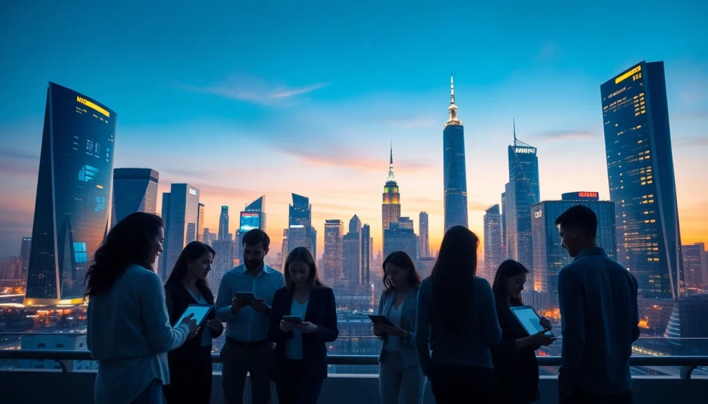 Engaging scene of Technology professionals collaborating in a futuristic cityscape.