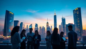 Engaging scene of Technology professionals collaborating in a futuristic cityscape.