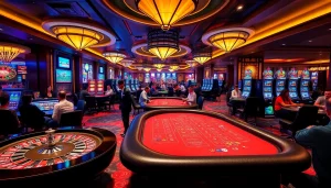 A casino scene showcasing roulette wheels and poker tables, representing KJC AC 1's vibrant gambling experience.