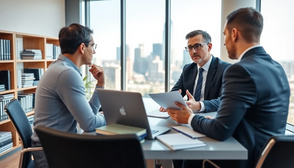 Consulting clients at https://www.atlantarealestateattorney.com, showcasing a professional real estate attorney in a modern office.