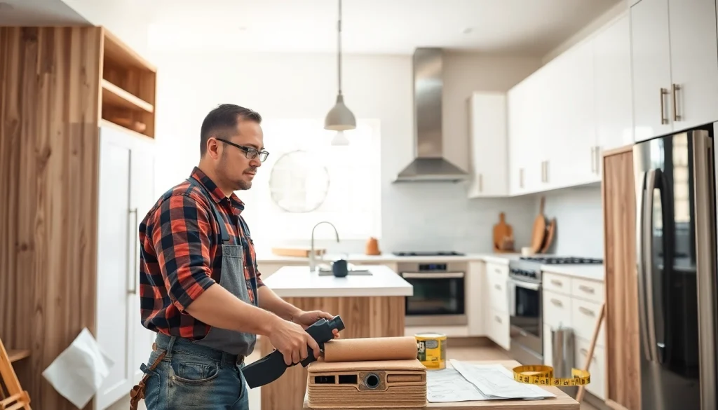 Remodeling Contractor at work on a modern kitchen renovation with tools and materials.