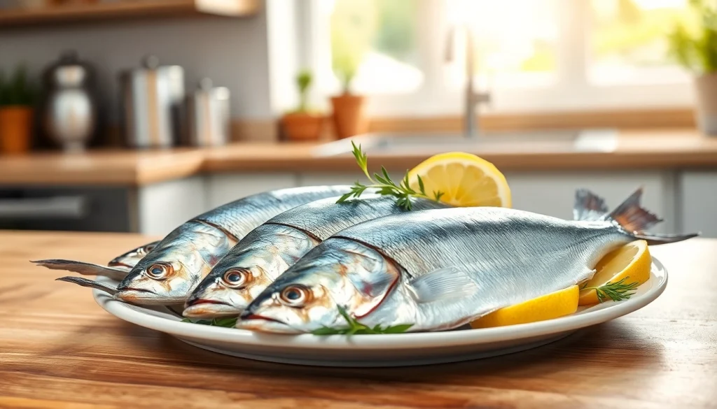 Disfruta de la alta calidad de proteina sardianas en un plato fresco y presentado con limón y hierbas.