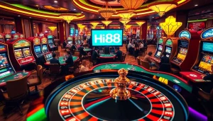 Hi88 offers thrilling poker action at an elegant casino table surrounded by vibrant slot machines.