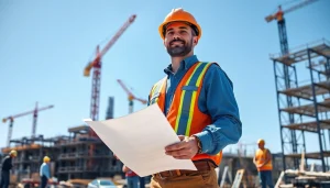 New York General Contractor reviews plans on a bustling construction site with skilled workers.