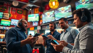 Engaging scene showcasing the best sportsbooks in Brazil with bettors in a vibrant sports setting.