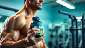 Steroidify reviews showcasing a muscular individual promoting fitness products in a gym setting.