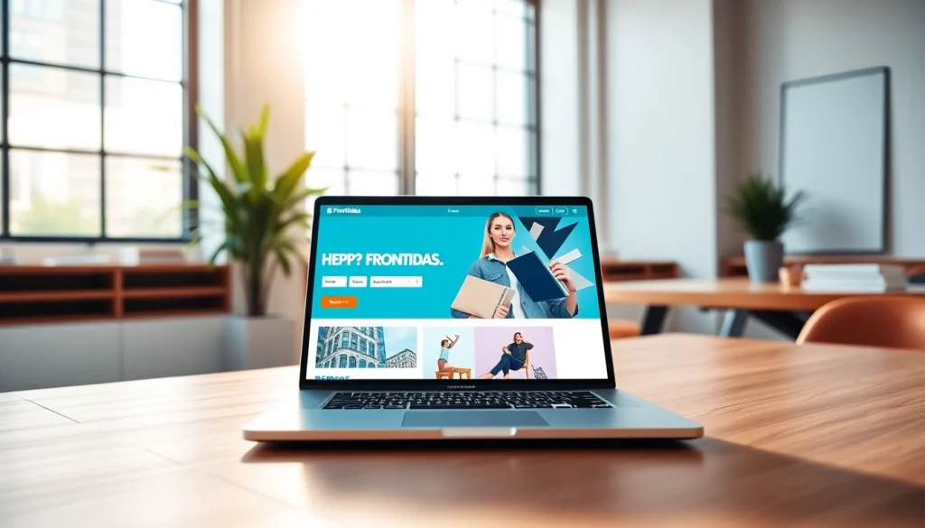 View of https://frontidas.com website on a laptop in a modern office setting with bright lighting.