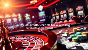 Experience thrilling gaming at rr88ezcom with vibrant casino tables, poker chips, and roulette wheels illuminated in excitement.