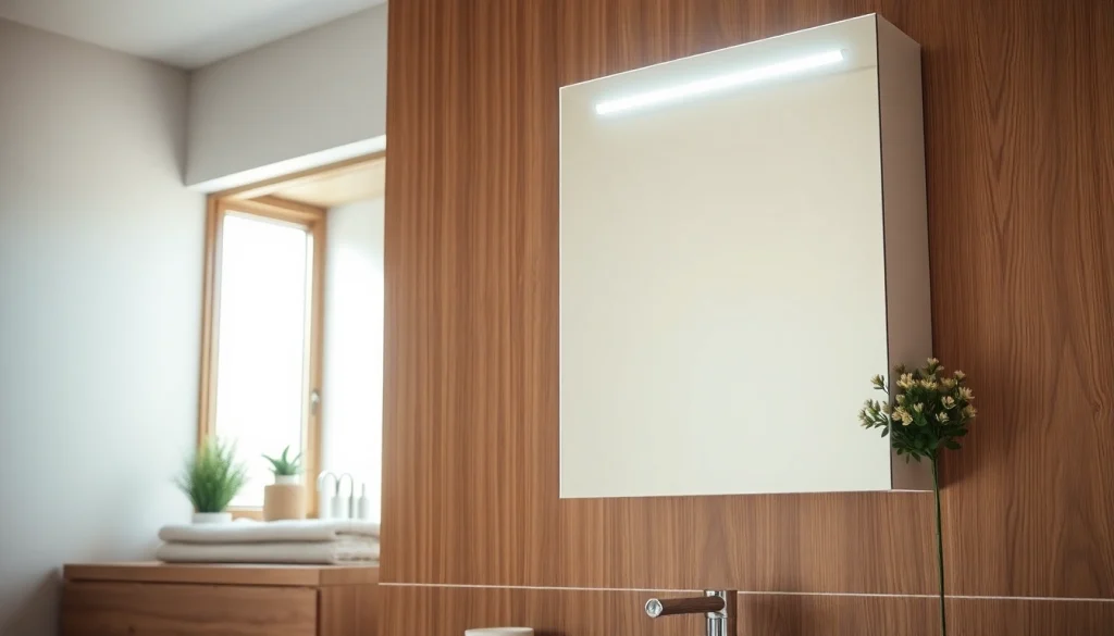 Präsentation eines spiegelschrank mit led Beleuchtung in stilvollem Badezimmer-Design.