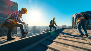 Roofers providing commercial roofing services on a large building under bright sunlight.