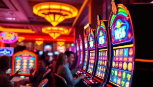 Menang di permainan slot gacor dengan mesin slot berwarna cerah dan pemain yang antusias.