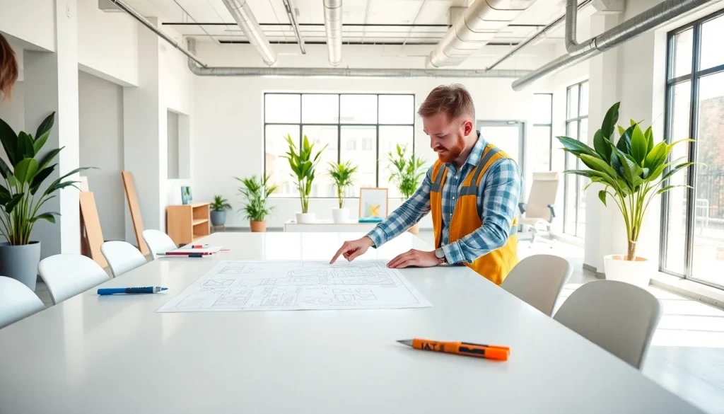 Austin contractor for office renovations collaborating with clients on workspace redesign.