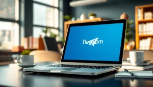Enhance productivity with the Telegram电脑版 interface displayed on a professional laptop in a modern office.