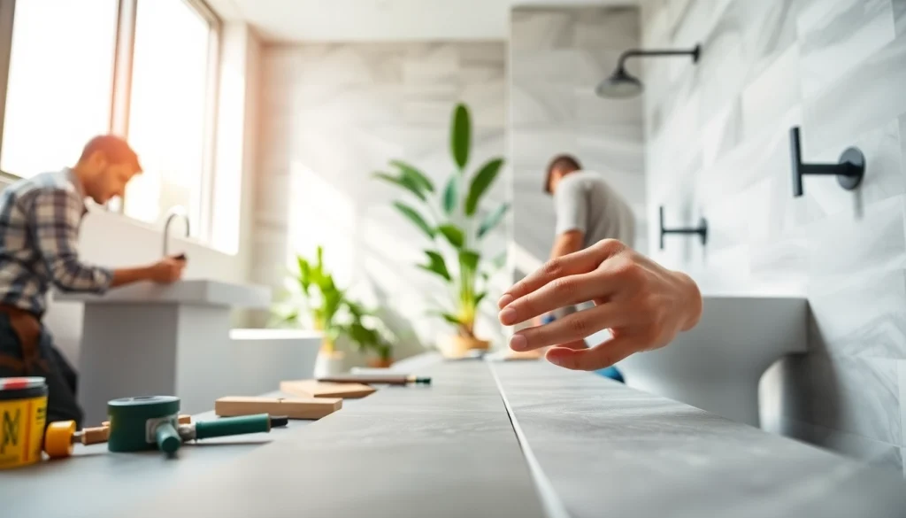 Skilled bathroom builders create a stunning modern bathroom renovation with detailed craftsmanship.