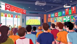 스포츠중계를 즐기는 팬들이 가득한 활기찬 스포츠 바의 모습