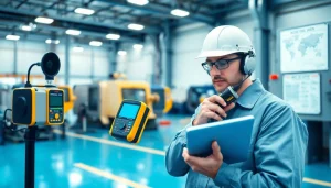 Analyzing data during a noise assessment survey in an industrial setting with advanced equipment.