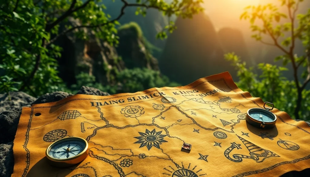 Unraveling the secrets of King Solomon's Mine depicted on an ancient treasure map surrounded by nature.