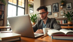 Engaging moment of a journalist at suntimesnews.com working in a cozy coffee shop, highlighting their focus.