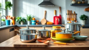 Showcase kitchenware NZ with vibrant utensils and cookware in a modern kitchen setting.