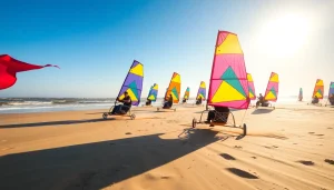 Blokarten plezier beleven bij https://www.blokartschool.nl met kleurrijke blokarts op het strand.