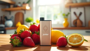 Showcasing jeeter juice 2g disposable vape device surrounded by fresh fruits for enhanced appeal.