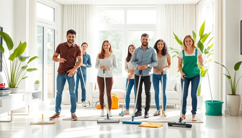 Cleaning Service professionals efficiently tidying a bright and modern living room space.