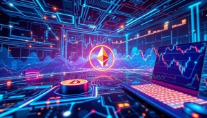 Bit coin and cryptocurrency symbols in a vibrant blockchain network visualization, showcasing digital wallets and trading charts.