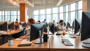 Enhance your typing skills at a modern typing center with dedicated staff and professional layout.