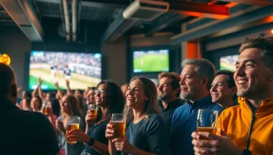 Fans enjoying Koora live at a sports bar surrounded by lively atmosphere and match screens.