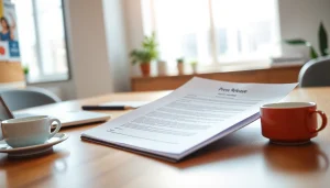 Crafting a press release document in a professional office environment with a laptop and notepad.