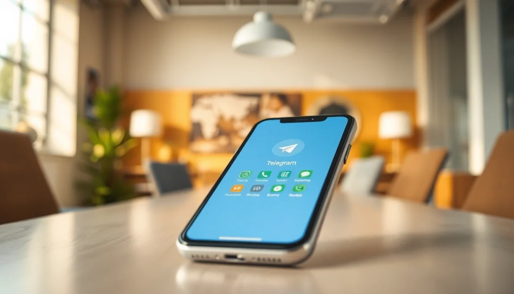 Engaging Telegram中文 interface displayed on a smartphone set in a modern office.