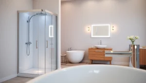 Découvrez le mobilier sirhona dans une salle de bain moderne avec cabine de douche et miroir LED.