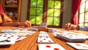 Players enjoy a Rummy Nabob game, showcasing vibrant cards and a lively atmosphere.