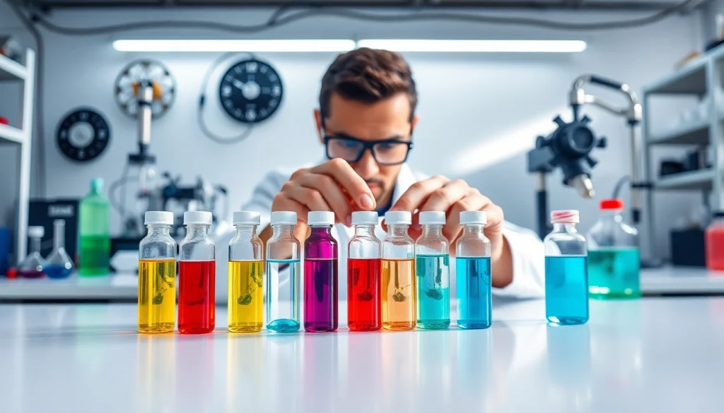 Investigating research peptides in a professional lab setting with vials and advanced equipment.