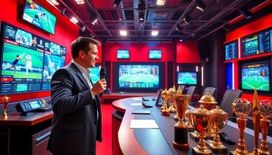 스포츠중계의 정수를 담은 생동감 넘치는 방송 스튜디오의 모습.