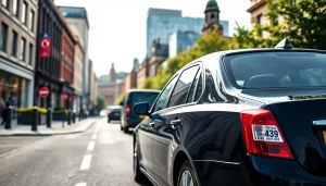 Book a Nottingham to Heathrow Taxi service with a sleek black taxi parked in an urban setting.