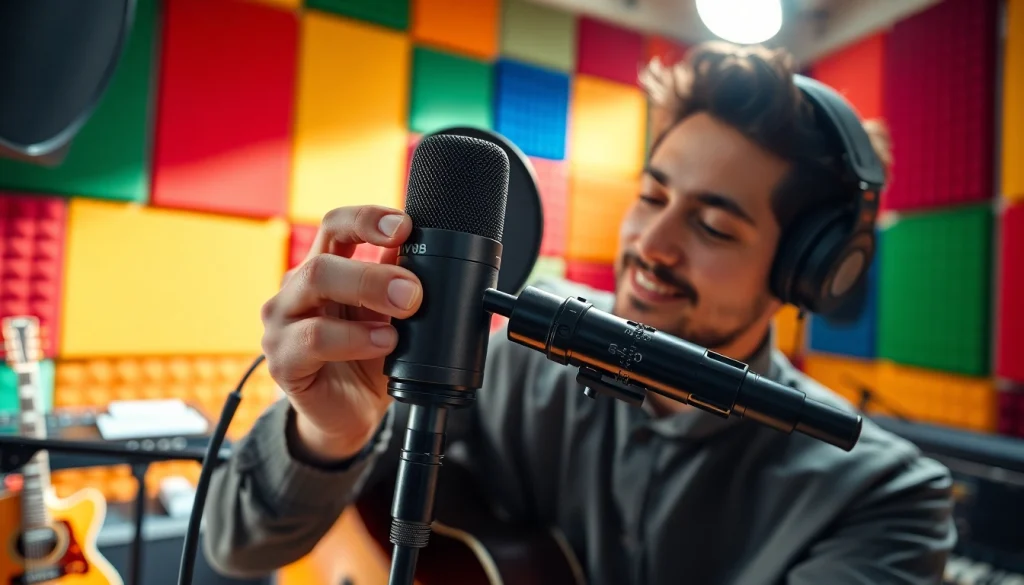 Capture the musician using the MV88 microphone in a colorful studio.