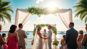 Tampa River Center wedding ceremony with couple exchanging vows under a decorated arch, surrounded by guests.