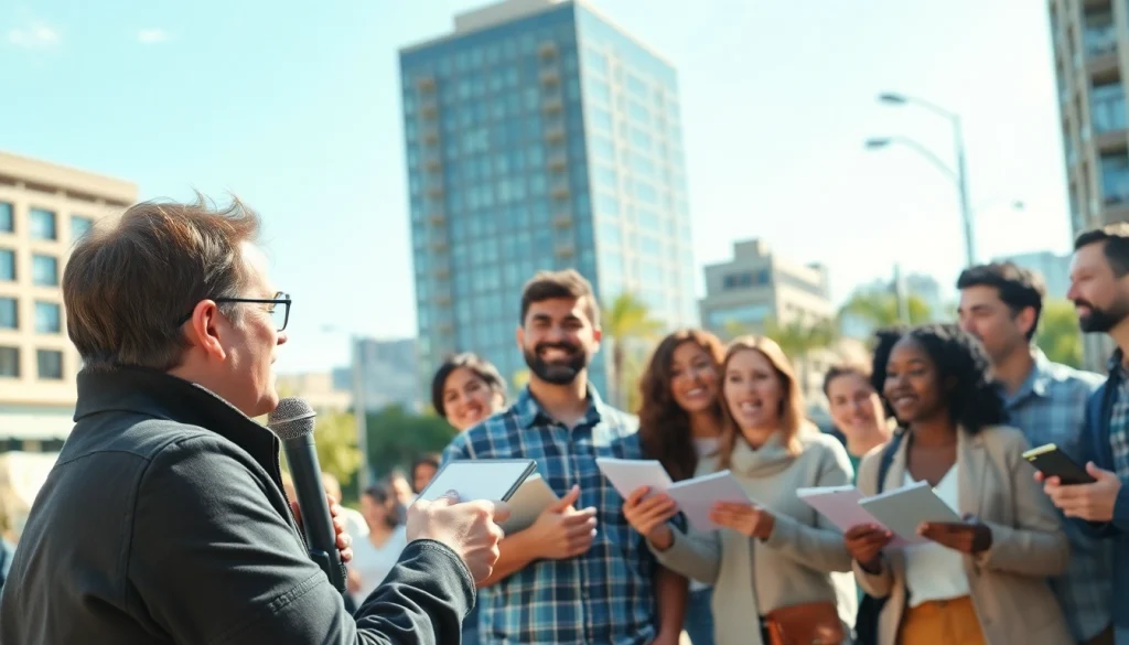 Capture the essence of thephoenixnewspaper with a journalist interviewing diverse community members outdoors.