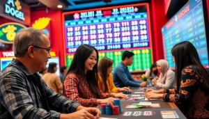 Menampilkan pemain terlibat dalam toto togel yang penuh warna dan permainan interaktif.