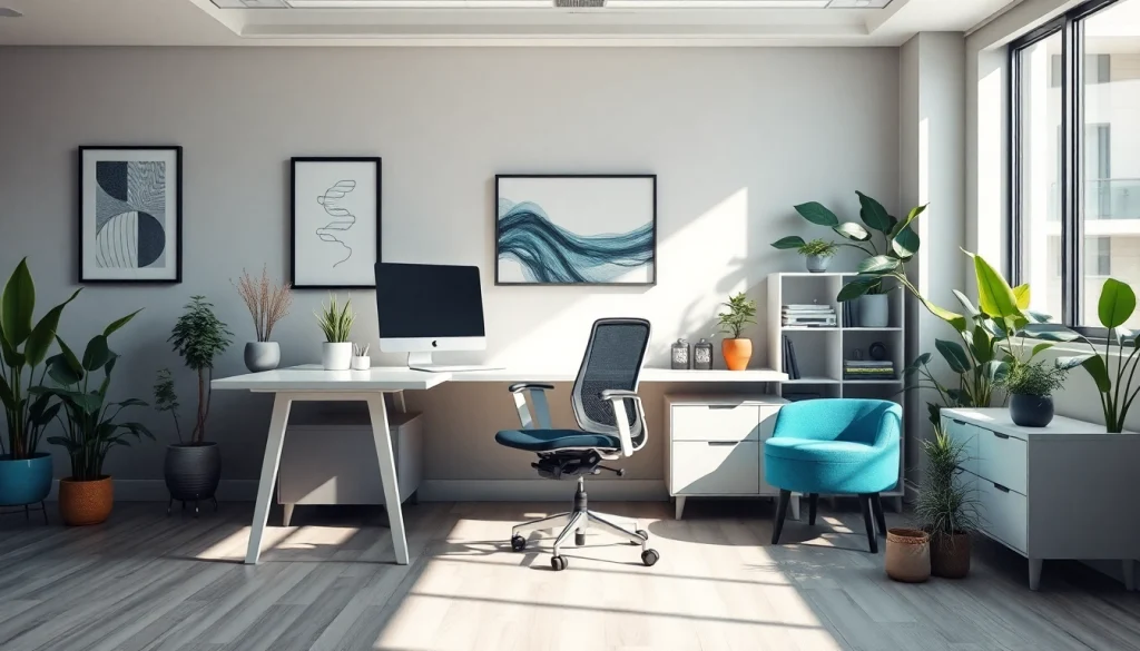 Showcase of office furniture featuring ergonomic chair and stylish desk in modern workspace.
