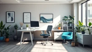 Showcase of office furniture featuring ergonomic chair and stylish desk in modern workspace.