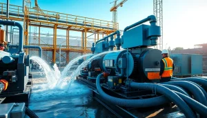 Showcasing industrial water transfer services equipment actively managing water flow at a construction site.