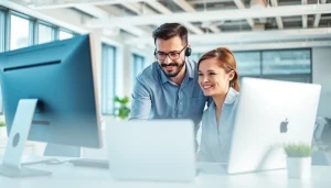 Engaging interaction in computer support and services between technician and client in a professional environment.