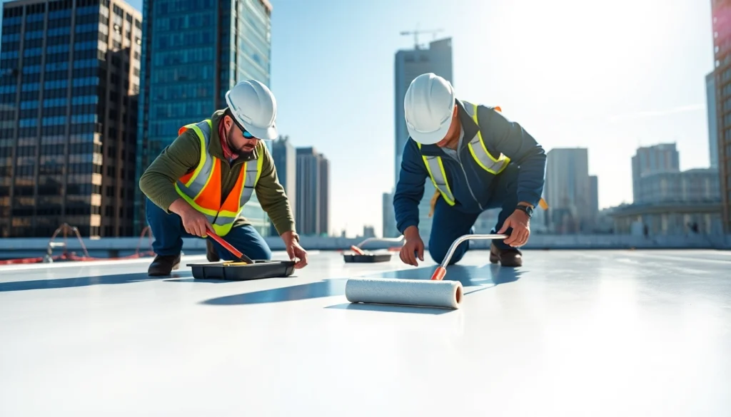 Apply commercial roof waterproofing with skilled workers showcasing high-quality techniques