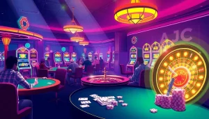 Dynamic casino scene showcasing poker games and slot machines with KJC AC 2, reflecting excitement.