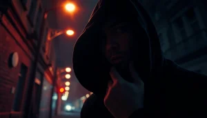 Experience the suspense of a thriller with a mysterious figure in a shadowy urban environment.