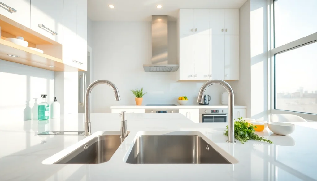 Kitchen deep cleaning Dubai showing a spotless kitchen with organized surfaces and bright lighting.